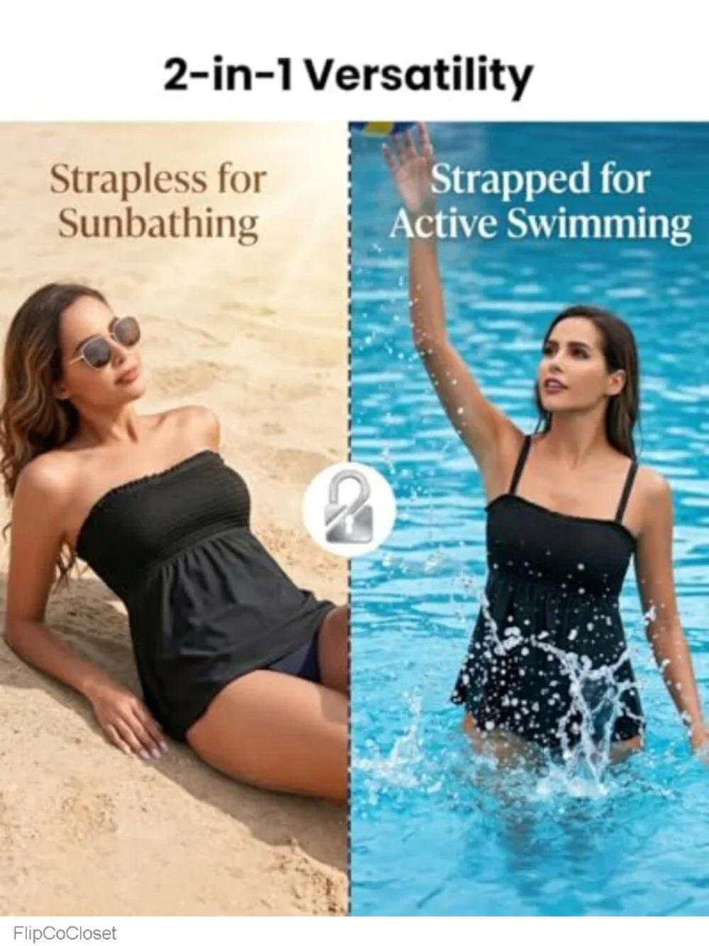 Bandeau Tankini Top with Removable Straps and Pads, Tummy Control